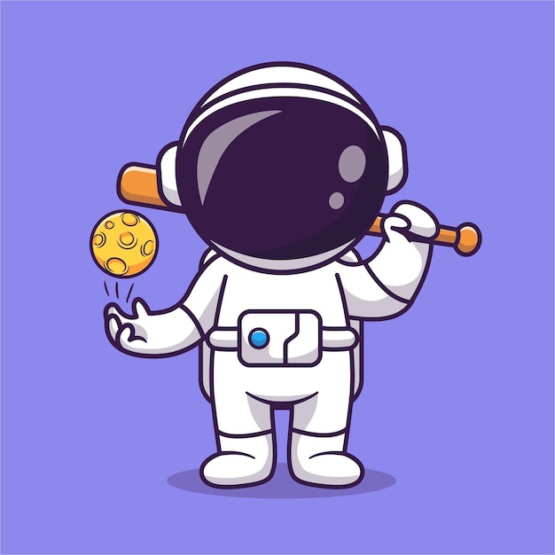ムーンボール漫画ベクトルアイコンイラストで野球をしているかわいい宇宙飛行士。科学スポーツ アイコン