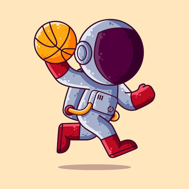 Vettore carino astronauta che gioca a basket cartoon illustrazione vettoriale. personaggio dei cartoni animati vettore.
