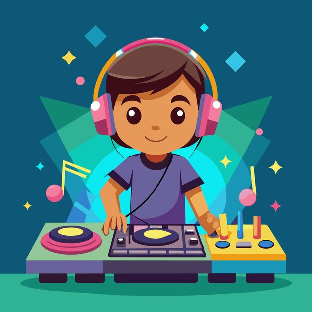 Vector cute astronaut playing dj electronic music with headphone cartoon icon illustration science technol