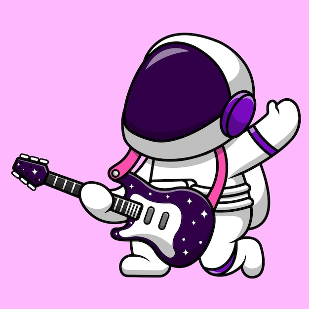 Cute Astronaut Playing Electric Guitar Cartoon Vector Icon Illustration