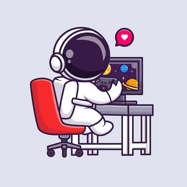 Cute astronaut playing game on computer cartoon vector icon illustration. science technology icon