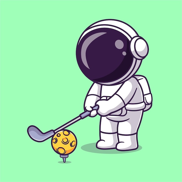 Vector cute astronaut playing golf moon cartoon vector icon illustration. science sport icon isolated flat