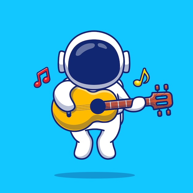 Cute astronaut playing guitar cartoon icon illustration. people science music icon concept isolated premium . flat cartoon style