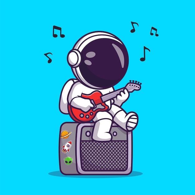 Vector cute astronaut playing guitar on sound system speaker cartoon vector icon illustration people music