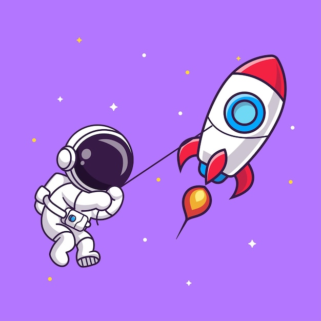 Симпатичный астронавт, играющий на кайт-ракете в космическом мультфильме "Векторная икона". Научная технология