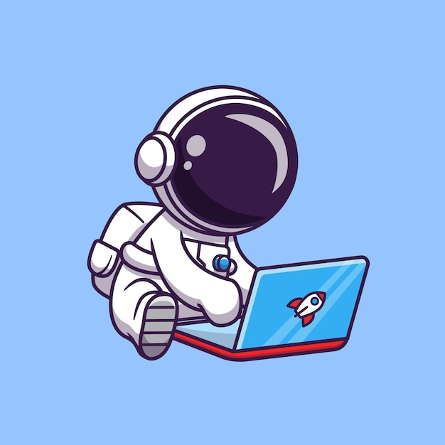 Cute Astronaut Playing Laptop Cartoon Vector Icon Illustration. Science Technology Icon 