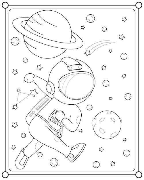 Vector cute astronaut playing moon ball in space suitable for children's coloring page vector illustration