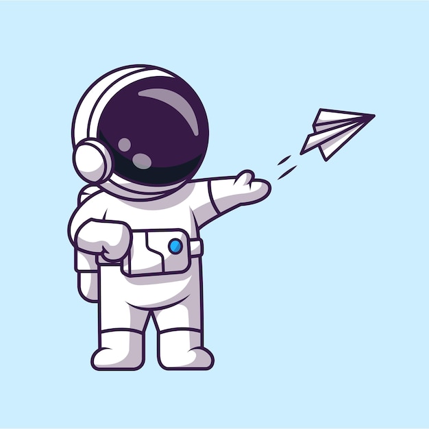 Cute astronaut playing paper plane cartoon vector icon illustration. science technology isolated