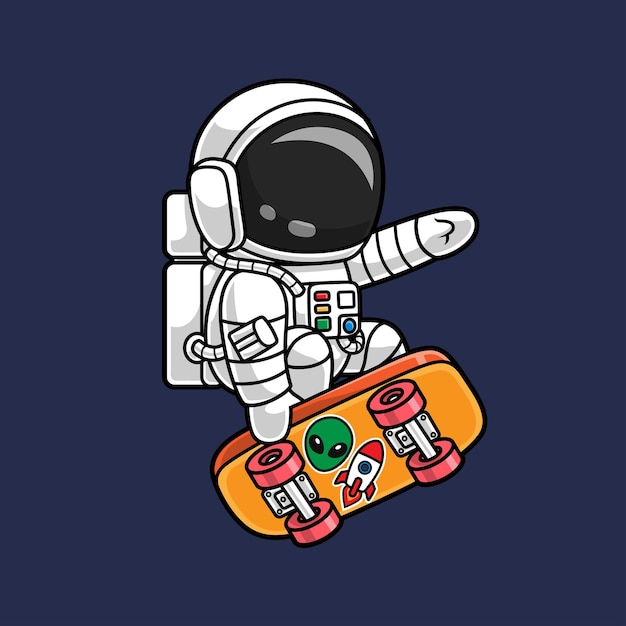 Vector cute astronaut playing skateboard cartoon