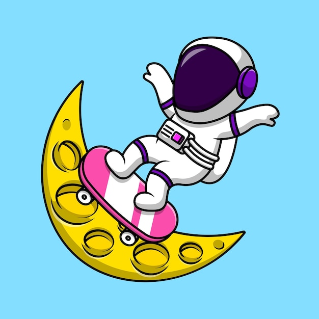 Cute Astronaut Playing Skateboard On Moon Cartoon Vector Icons Illustration