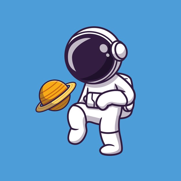 Милый астронавт играет в футбол Планета мультфильм Векторная икона Иллюстрация Наука Спортивная икона Концепция