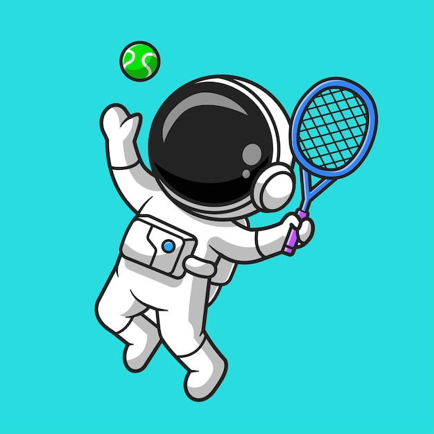 Cute astronaut playing tennis ball cartoon vector icon illustration. technology sport icon concept isolated premium vector. flat cartoon style