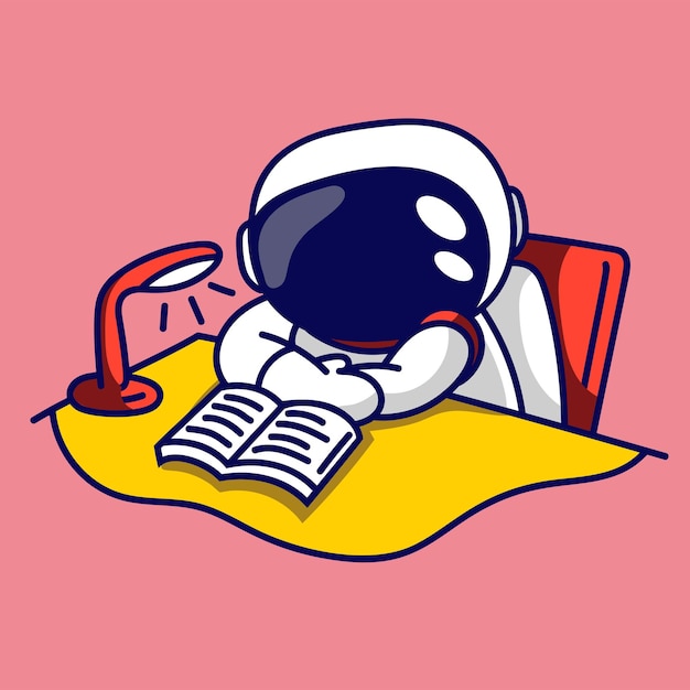 Simpatico astronauta che legge un libro illustrazione vettoriale in stile cartone animato