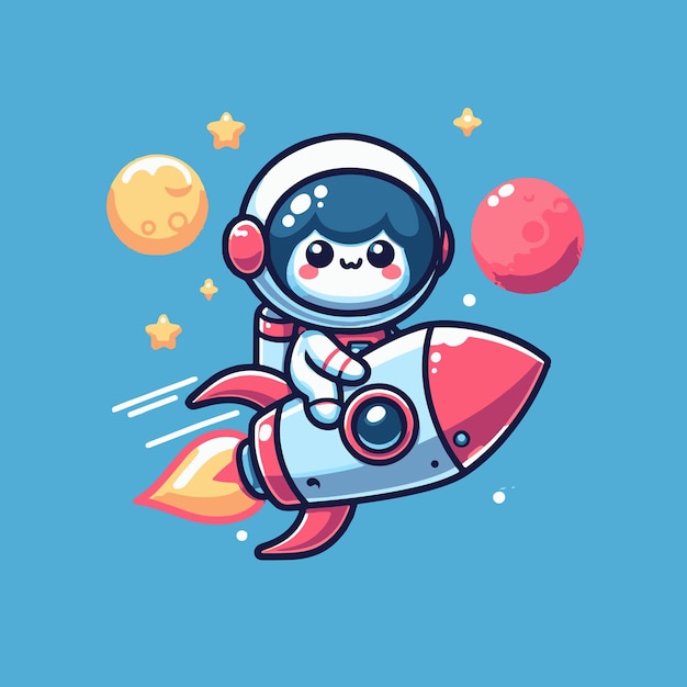 Cute astronaut riding rocket cartoon vector icon illustration science technology icon concept