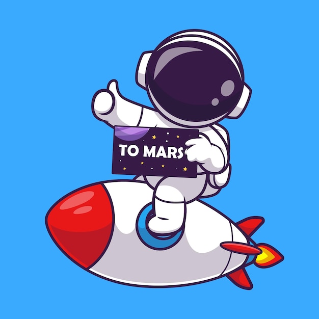 Cute Astronaut Riding Rocket To Mars Cartoon Vector Icon Illustration Science Technology Isolated