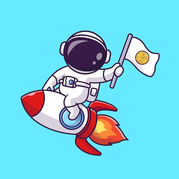 Cute Astronaut Riding Rocket With Moon Flag Cartoon Vector Icon Illustration Science Technology