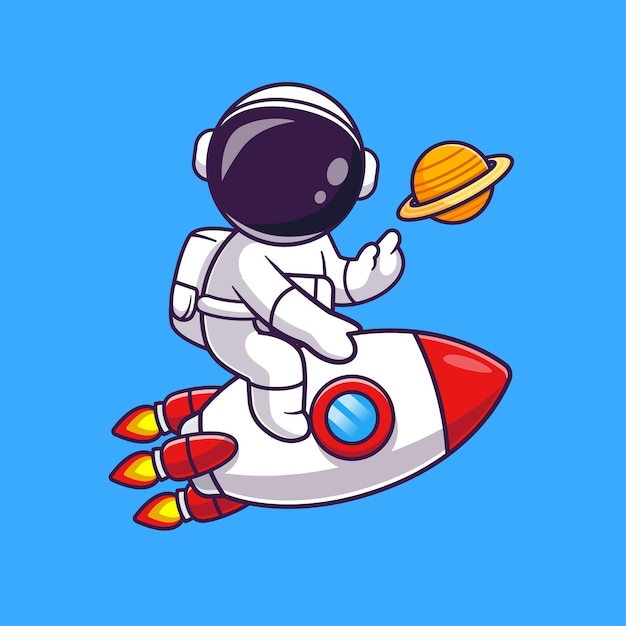 Cute astronaut riding rocket with planet cartoon vector icon illustration science technology icon