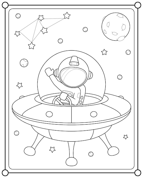 Симпатичный астронавт летит на нло в космос, подходящий для детской раскраски страницы векторной иллюстрации
