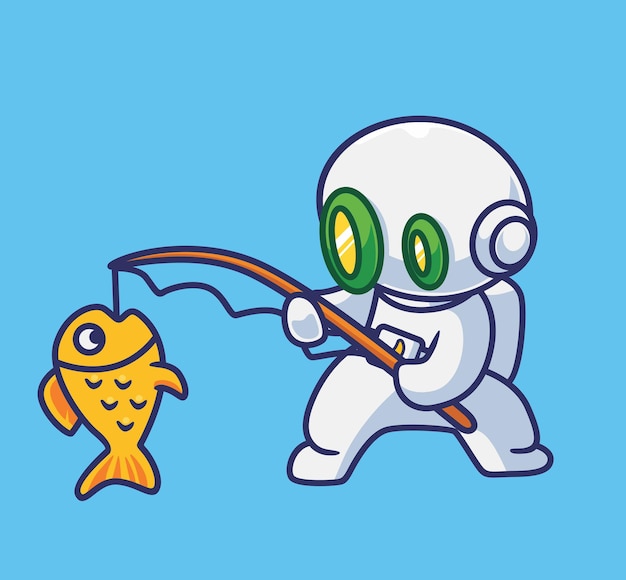 Cute astronaut robot fishing salmon