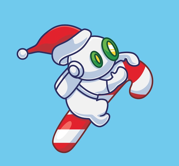 Cute astronaut robot fly candy rocket Isolated cartoon person Christmas illustration Flat Style
