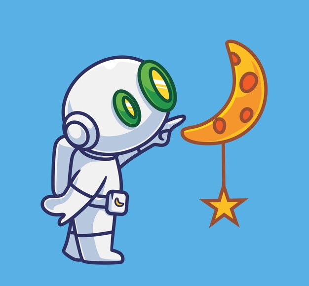 Cute astronaut robot pointing at moon and star Isolated cartoon science technology illustration