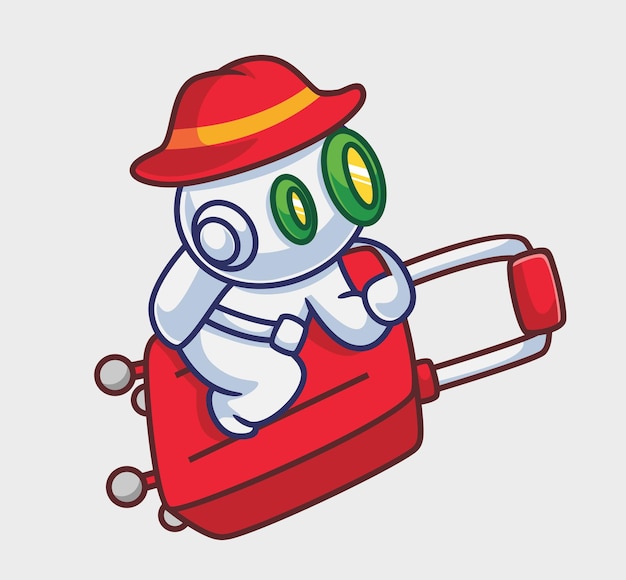 Симпатичный робот-астронавт верхом на чемодане путешествует Изолированная иллюстрация мультяшного человека Плоский стиль