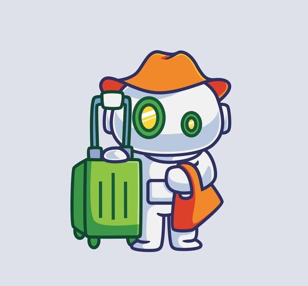 Симпатичный отпуск робота-астронавта с чемоданом и шляпой Изолированная иллюстрация мультяшного человека Плоский стиль подходит для дизайна иконок стикеров Премиум-вектор логотипа