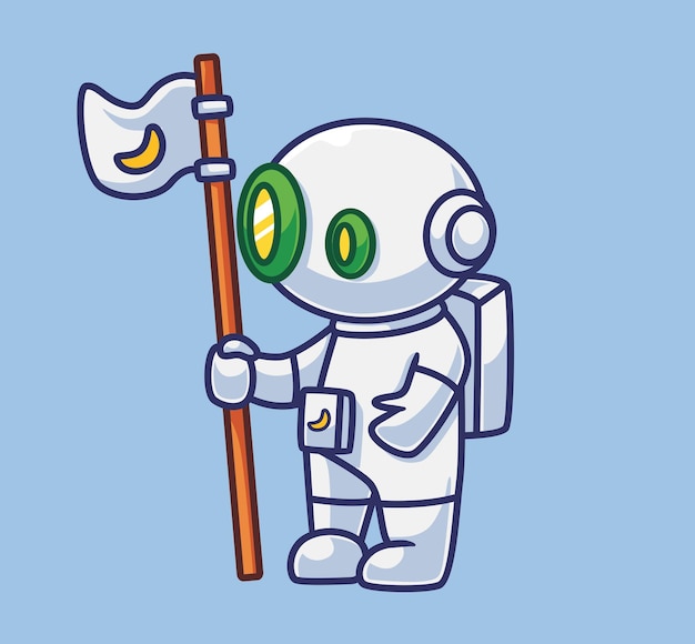 Cute astronaut robot with moon flag Isolated cartoon person science technology illustration Flat