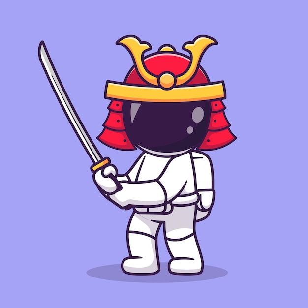 Cute Astronaut Samurai Warrior Holding Sword Cartoon Vector Icon Illustration Science Holiday Icon