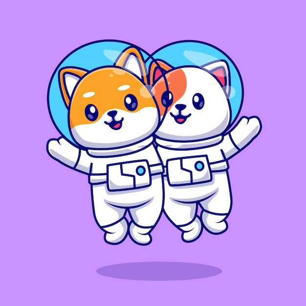 Carino astronauta shiba inu cane e gatto che galleggia nello spazio cartoon vettore icona illustrazione. scienza