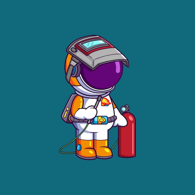 Cute Astronaut a shield on his head holding a welding machine Science Technology Icon Concept