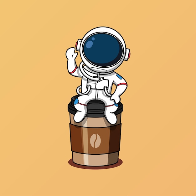 Vector cute astronaut sitting on a coffee cup illustration