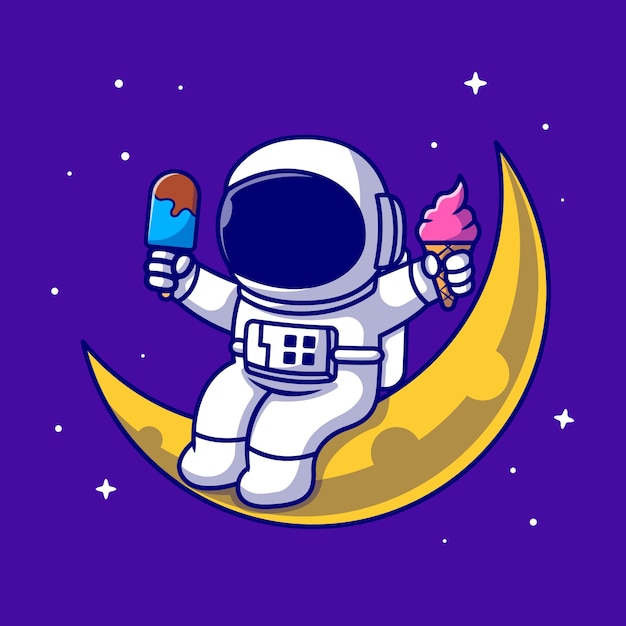 Carino astronauta seduto sulla luna e tenendo il gelato icona del fumetto illustrazione. icona dell'alimento di scienza isolata. stile cartone animato piatto