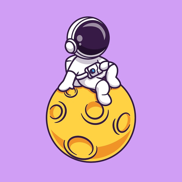 Cute Astronaut Sitting On Moon In Space Cartoon Vector Icon Illustration. Science Technology Icon