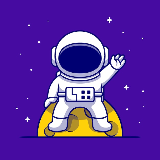 Cute astronaut sitting on moon and waving hand cartoon   icon illustration. science technology icon   isolated    . flat cartoon style