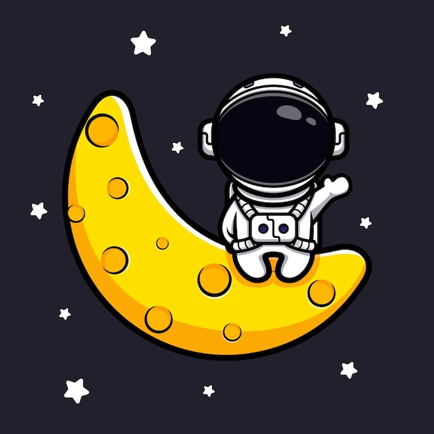 달에 앉아 손 마스코트를 흔들며 귀여운 우주 비행사