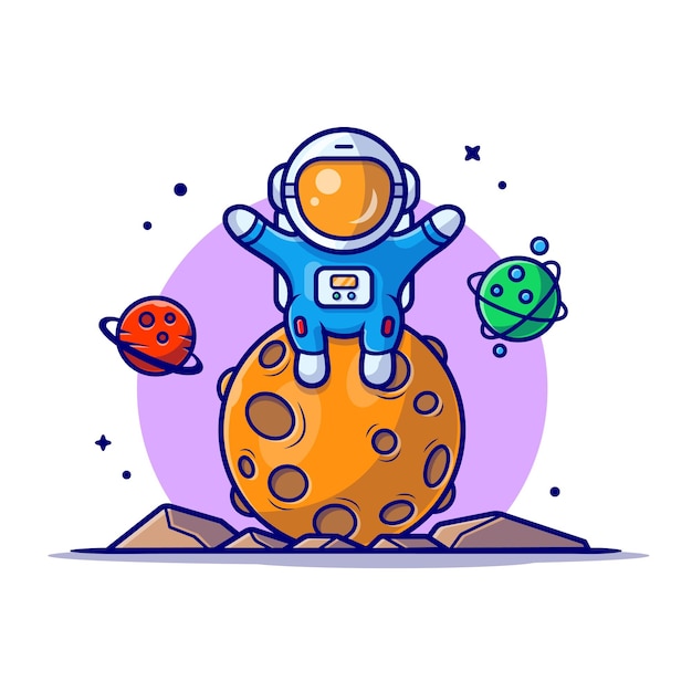 Cute astronaut sitting on planet space cartoon icon illustration.