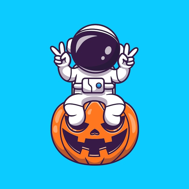 Carino astronauta seduto sulla zucca di halloween con la pace mano cartoon