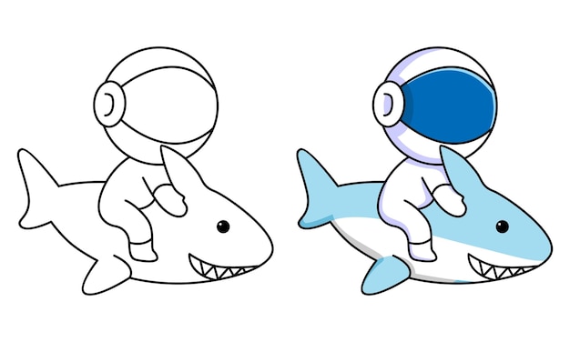 cute astronaut sitting on shark coloring page for kids