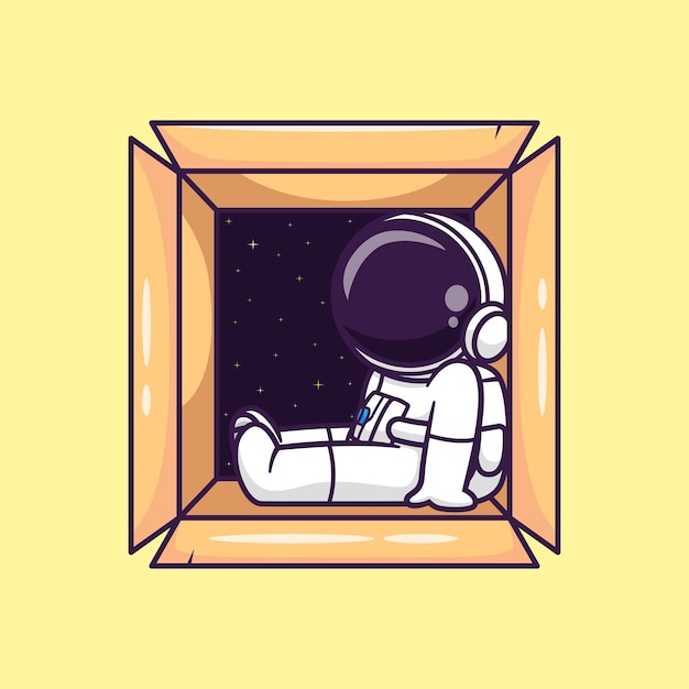 Cute Astronaut Sleeping In Box Cartoon Vector Icon Illustration. Science Technology Icon Concept Isolated Premium Vector. Flat Cartoon Style