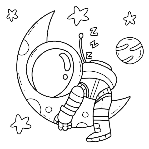 Cute astronaut sleeping on the moon hand drawn coloring book cartoon isolated on white