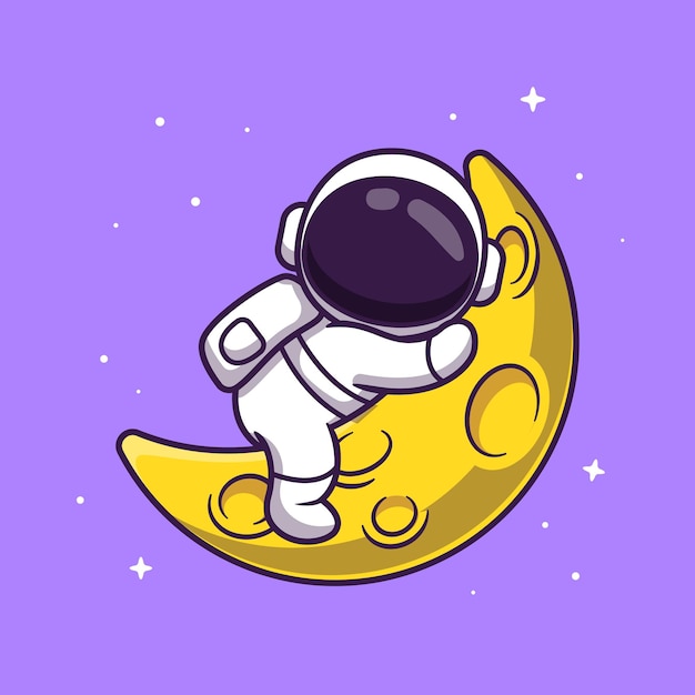 月のイラストで眠っているかわいい宇宙飛行士。