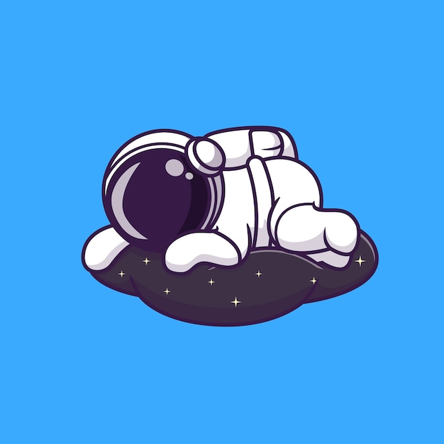 宇宙雲の漫画で眠っているかわいい宇宙飛行士。科学技術アイコン概念分離。フラット漫画スタイル