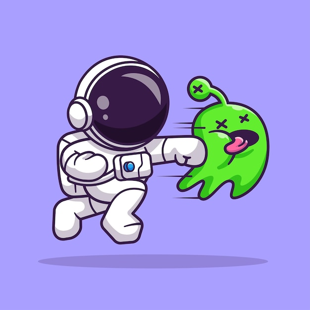 Cute astronaut smashing allien cartoon vector icon illustration science technology icon isolated