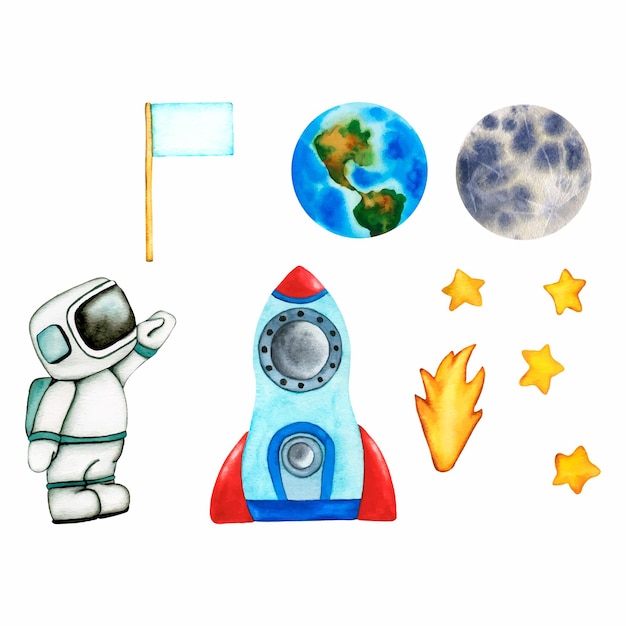 Vector cute astronaut in space suit rocket earth and planets of our solar system moon and stars in space watercolor vector illustration of outer space with stars