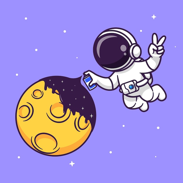 Cute astronaut spray moon with space cartoon vector icon illustration science technology isolated