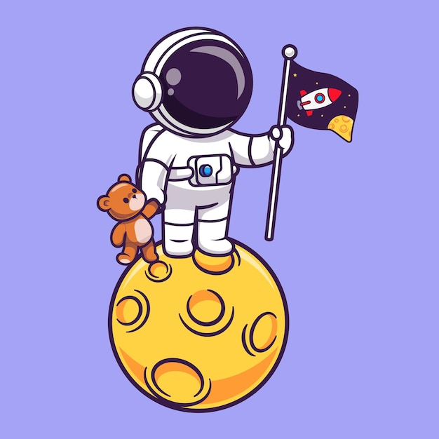 Vector cute astronaut standing on moon holding teddy bear and flag cartoon vector icon illustration science