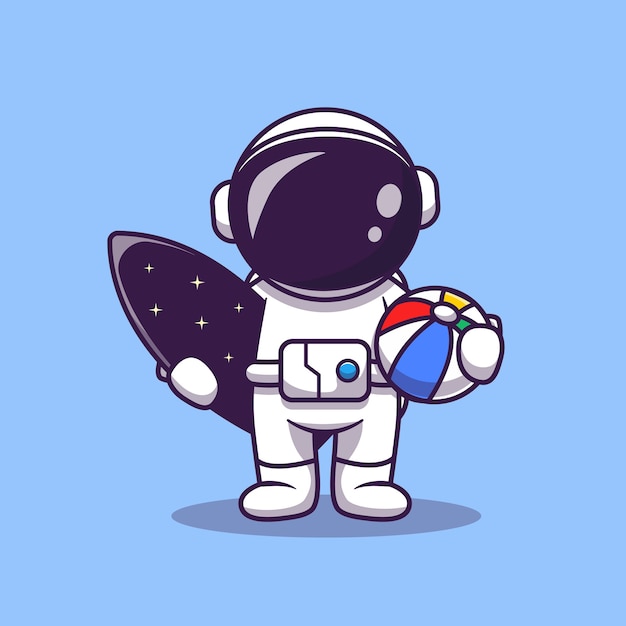 Cute astronaut summer with surfboard and ball cartoon vector icon illustration. space summer icon