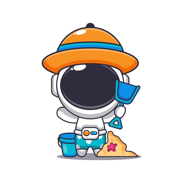 Vector cute astronaut in sunglasses play sand beach cartoon illustration cute summer cartoon illustration