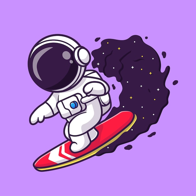 공간 파도 만화 벡터 아이콘 그림에 귀여운 우주 비행사 서핑. 과학 스포츠 아이콘 절연